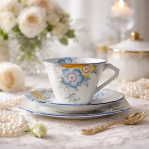 Trio da tè in porcellana inglese Bell China composto da tazza, piattino e piatto dessert, decorato con motivi floreali policromi in azzurro e giallo e bordo blu cobalto. Produzione Inghilterra, prima metà del Novecento. In buone condizioni, ideale per collezione o uso elegante.