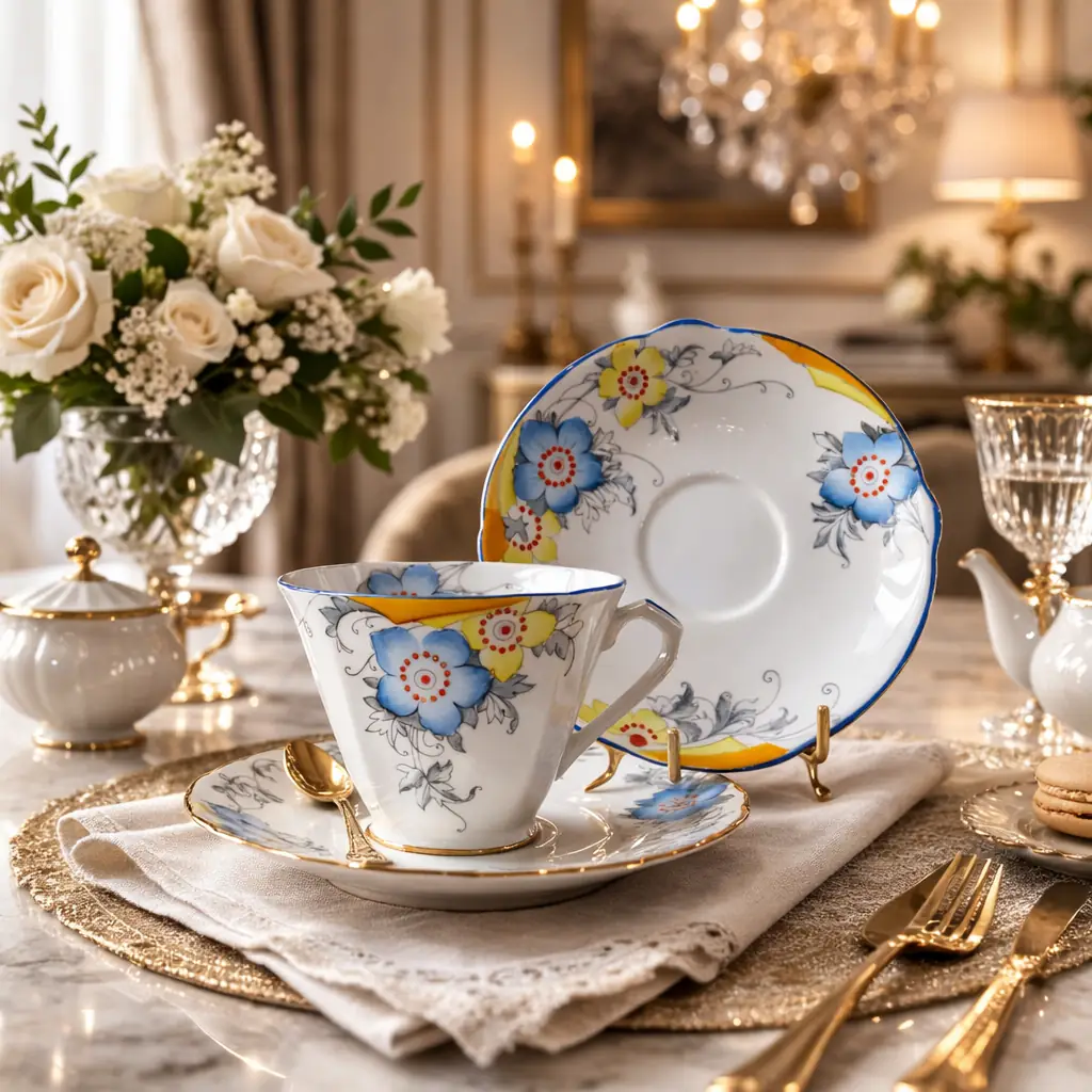 Trio da tè in porcellana inglese Bell China composto da tazza, piattino e piatto dessert, decorato con motivi floreali policromi in azzurro e giallo e bordo blu cobalto. Produzione Inghilterra, prima metà del Novecento. In buone condizioni, ideale per collezione o uso elegante.