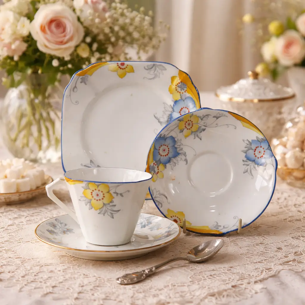 Trio da tè in porcellana inglese Bell China composto da tazza, piattino e piatto dessert, decorato con motivi floreali policromi in azzurro e giallo e bordo blu cobalto. Produzione Inghilterra, prima metà del Novecento. In buone condizioni, ideale per collezione o uso elegante.