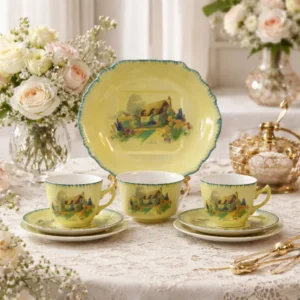 Set da tè in ceramica inglese, serie A Bit of Old England, composto da tazze, piattini e piatto da dessert, con fondo giallo tenue e bordo sagomato profilato in verde. Decorazione centrale policroma con scena rurale inglese raffigurante cottage con tetto in paglia immerso nel paesaggio, secondo gusto pittoresco. Smaltatura brillante e forme mosse di ispirazione tradizionale. Produzione inglese della prima metà del XX secolo. In buono stato di conservazione, con minimi segni d’uso coerenti con l’età.