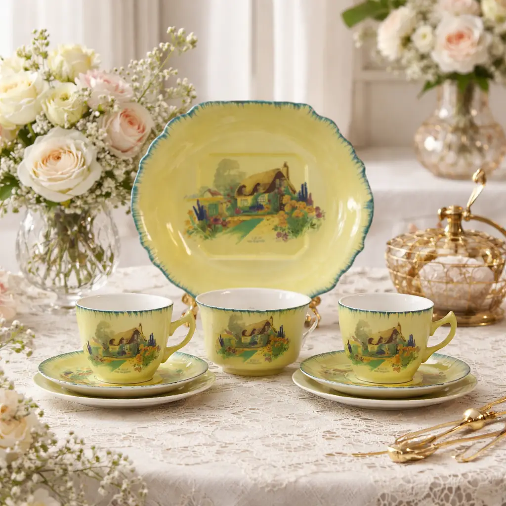 Set da tè in ceramica inglese, serie A Bit of Old England, composto da tazze, piattini e piatto da dessert, con fondo giallo tenue e bordo sagomato profilato in verde. Decorazione centrale policroma con scena rurale inglese raffigurante cottage con tetto in paglia immerso nel paesaggio, secondo gusto pittoresco. Smaltatura brillante e forme mosse di ispirazione tradizionale. Produzione inglese della prima metà del XX secolo. In buono stato di conservazione, con minimi segni d’uso coerenti con l’età.