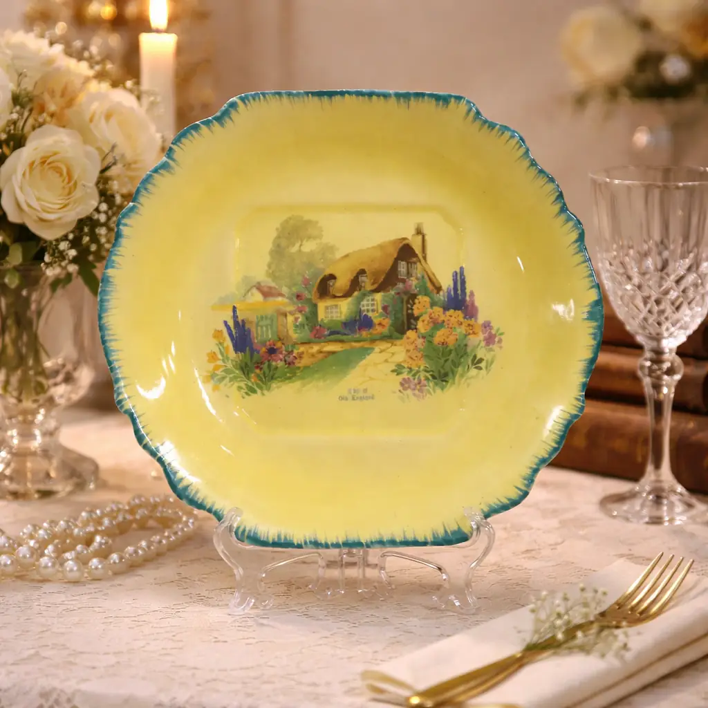 Set da tè in ceramica inglese, serie A Bit of Old England, composto da tazze, piattini e piatto da dessert, con fondo giallo tenue e bordo sagomato profilato in verde. Decorazione centrale policroma con scena rurale inglese raffigurante cottage con tetto in paglia immerso nel paesaggio, secondo gusto pittoresco. Smaltatura brillante e forme mosse di ispirazione tradizionale. Produzione inglese della prima metà del XX secolo. In buono stato di conservazione, con minimi segni d’uso coerenti con l’età.