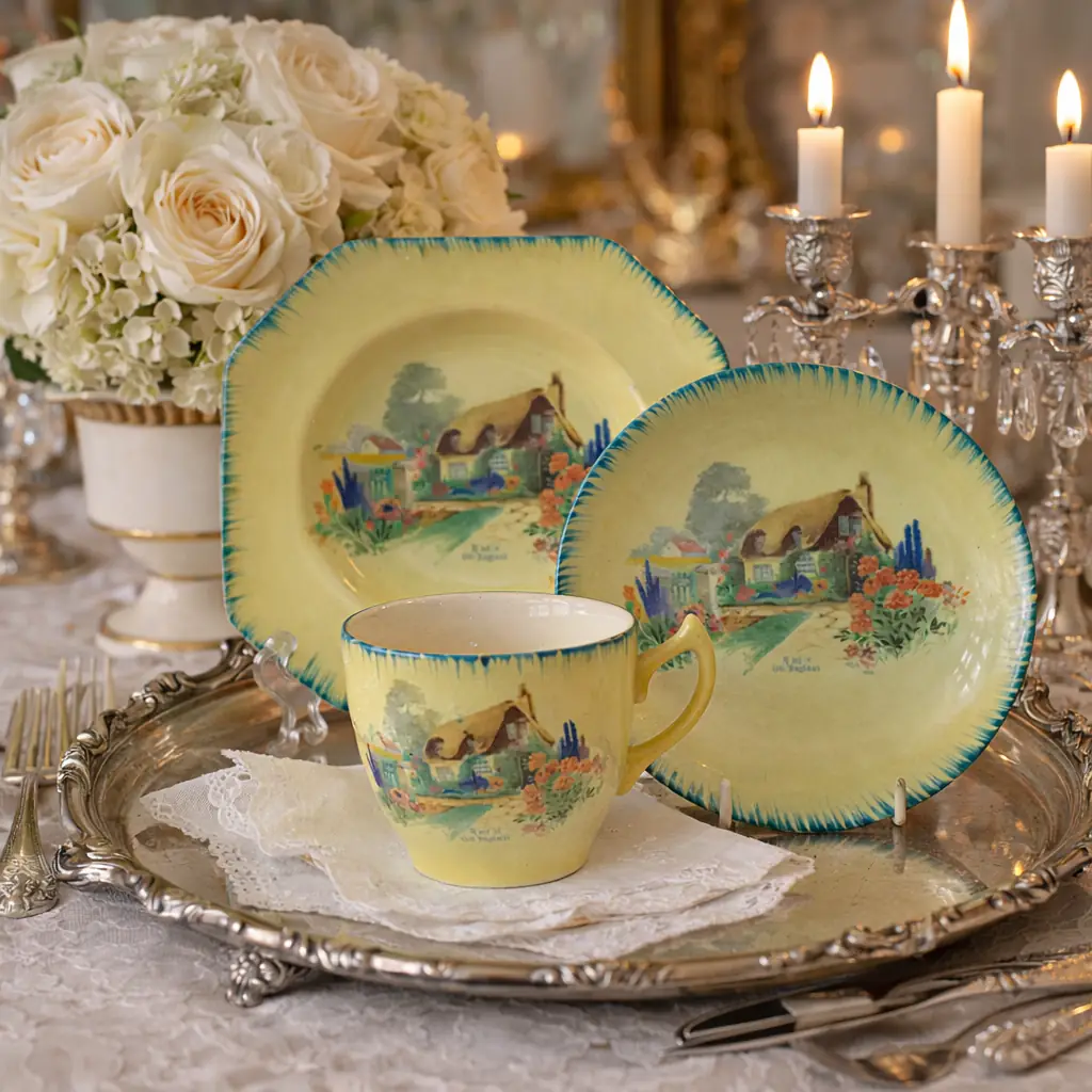 Set da tè in ceramica inglese, serie A Bit of Old England, composto da tazze, piattini e piatto da dessert, con fondo giallo tenue e bordo sagomato profilato in verde. Decorazione centrale policroma con scena rurale inglese raffigurante cottage con tetto in paglia immerso nel paesaggio, secondo gusto pittoresco. Smaltatura brillante e forme mosse di ispirazione tradizionale. Produzione inglese della prima metà del XX secolo. In buono stato di conservazione, con minimi segni d’uso coerenti con l’età.