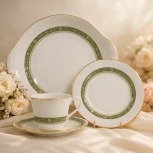 Elegante set da tè di Royal Doulton appartenente al raffinato servizio “Rondelay”, modello H5004, composto da tazza, piattino, piatto dessert e piatto piano coordinati in fine porcellana inglese. Il decoro si caratterizza per una delicata bordura verde salvia con motivi ornamentali classici e sottili finiture dorate, che donano all’insieme un’eleganza sobria e senza tempo. La qualità della porcellana e le linee armoniose riflettono tutta la tradizione e la raffinatezza della celebre manifattura inglese Royal Doulton.