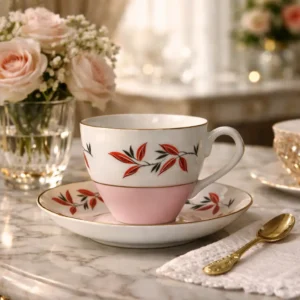 Tazza da tè con piattino in genuine bone china inglese, decorata con rami fogliati nei toni del rosso e nero, campitura rosa nella parte inferiore e filettature in oro a 22 carati. Produzione Made in England, prima metà del Novecento. In ottime condizioni, con lievi segni d’uso. Elegante oggetto da collezione o da utilizzo.