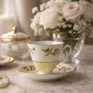 Tazza da tè con piattino in fine bone china inglese Hamilton, produzione prima metà del Novecento. Decorazione a rami e foglie stilizzate nei toni del giallo e nero, con filettature in oro e campiture in verde pallido. Forma svasata con orlo ondulato, piattino coordinato a bordo mosso. Marchio al verso: Hamilton – Made in England – Fine Bone China. In ottime condizioni, con lievi segni d’uso. Elegante oggetto da collezione o da utilizzo.