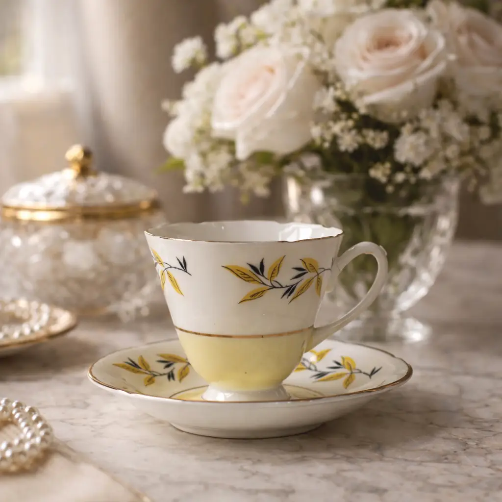 Tazza da tè con piattino in fine bone china inglese Hamilton, produzione prima metà del Novecento. Decorazione a rami e foglie stilizzate nei toni del giallo e nero, con filettature in oro e campiture in verde pallido. Forma svasata con orlo ondulato, piattino coordinato a bordo mosso. Marchio al verso: Hamilton – Made in England – Fine Bone China. In ottime condizioni, con lievi segni d’uso. Elegante oggetto da collezione o da utilizzo.