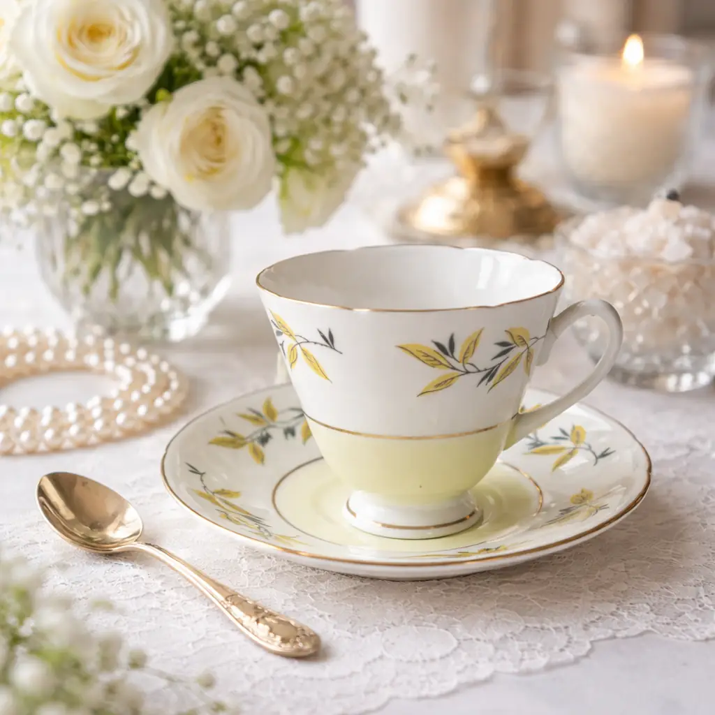 Tazza da tè con piattino in fine bone china inglese Hamilton, produzione prima metà del Novecento. Decorazione a rami e foglie stilizzate nei toni del giallo e nero, con filettature in oro e campiture in verde pallido. Forma svasata con orlo ondulato, piattino coordinato a bordo mosso. Marchio al verso: Hamilton – Made in England – Fine Bone China. In ottime condizioni, con lievi segni d’uso. Elegante oggetto da collezione o da utilizzo.