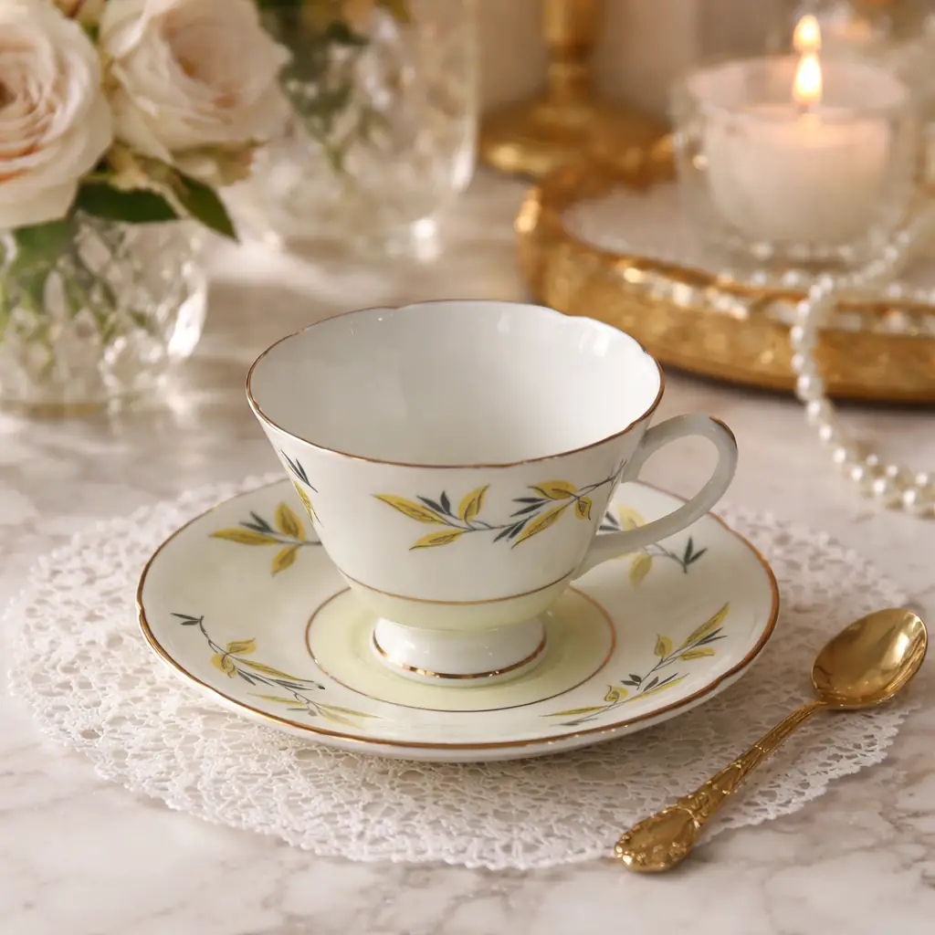Tazza da tè con piattino in fine bone china inglese Hamilton, produzione prima metà del Novecento. Decorazione a rami e foglie stilizzate nei toni del giallo e nero, con filettature in oro e campiture in verde pallido. Forma svasata con orlo ondulato, piattino coordinato a bordo mosso. Marchio al verso: Hamilton – Made in England – Fine Bone China. In ottime condizioni, con lievi segni d’uso. Elegante oggetto da collezione o da utilizzo.