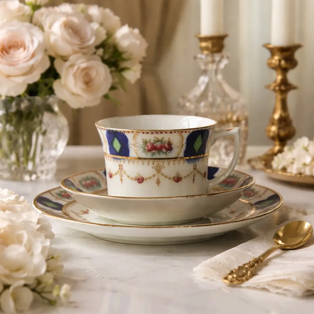 Tazza da tè con piattino e piatto da dessert in porcellana inglese Warwick, marchiata Warwick – B S – China – England. Elegante decorazione policroma con riserve floreali, motivi geometrici blu e verdi e ricche filettature in oro. Produzione di fine Ottocento. In buone condizioni generali, con lievi segni del tempo. Gradevole completo da collezione o da utilizzo.