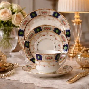 Tazza da tè con piattino e piatto da dessert in porcellana inglese Warwick, marchiata Warwick – B S – China – England. Elegante decorazione policroma con riserve floreali, motivi geometrici blu e verdi e ricche filettature in oro. Produzione di fine Ottocento. In buone condizioni generali, con lievi segni del tempo. Gradevole completo da collezione o da utilizzo.