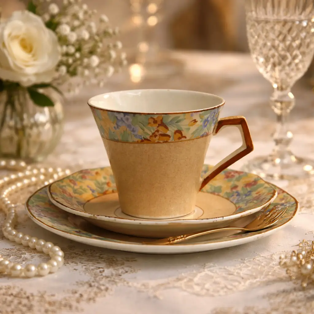 Trio da tè in ceramica smaltata – Inghilterra, fine Ottocento Elegante trio da tè composto da tazza, piattino e piatto da dessert, realizzato in terraglia fine smaltata dalla manifattura Barker Bros Ltd, come attestato dal marchio verde sotto smalto con dicitura “Barker Bros Ltd – Studley – Longton – Staffs – England”. La decorazione, di gusto floreale policromo, si sviluppa lungo le tese con motivi naturalistici stilizzati nei toni del rosa, azzurro, giallo e verde, su fondo avorio puntinato. Il cavetto centrale è lasciato libero, con delicata velatura beige che conferisce armonia cromatica all’insieme. I profili sono rifiniti con sottile filetto color rame/marrone, caratteristico della produzione inglese tra gli anni Venti e Trenta del Novecento. La tazza, dalla forma leggermente svasata, presenta manico sagomato con finitura cromatica coordinata. Il piattino e il piatto da dessert mantengono proporzioni eleganti e buona simmetria, con smalto lucido ben conservato. Stato di conservazione: Ottimo, con lievi segni del tempo compatibili con l’età. Presente una naturale craquelure da cottura sul retro, tipica delle ceramiche inglesi d’epoca. Nessuna rottura. Manifattura: Barker Bros Ltd, Longton (Staffordshire, Inghilterra) Tecnica: terraglia smaltata decorata a stampa policroma Stile: floreale decorativo, Art Déco Il trio è in perfette condizioni senza alcun difetto o usura. La Barker Bros fu fondata nel 1876 e questo trio rientra tra le loro prime produzioni. I servizi Barker Bros sono apprezzati per la qualità esecutiva e per le decorazioni vivaci ma raffinate, tipiche della produzione dello Staffordshire. Questo trio è ideale sia per collezione sia come elemento decorativo in contesti classici o shabby chic. Elegante e raro trio da tè Art Déco in porcellana fine, prodotto da Barker Bros. Ltd – Suderland (Londra), Inghilterra, primi decenni del XX secolo. Il servizio presenta fondo beige puntinato con ampia fascia policroma floreale in tonalità pastello e profilature dorate. Le tazze, dalla forma leggermente svasata, sono dotate di manico geometrico squadrato, tipico gusto déco. Marchio verde sotto smalto. Stato di conservazione: molto buono. Epoca: ca. anni 1920-1930. Provenienza: manifattura inglese. Oggetto raffinato, ideale per collezionisti di porcellane artistiche inglesi o per arredamento d’interni d’epoca.