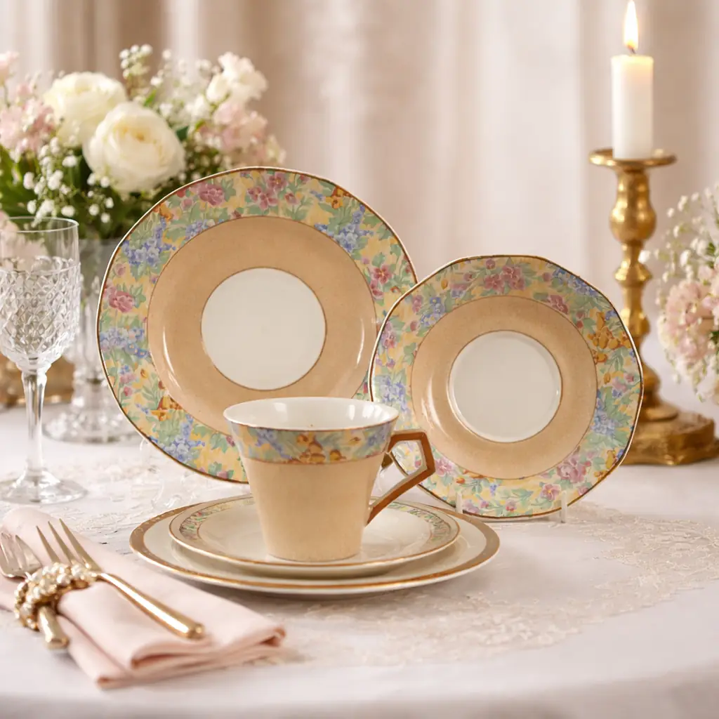 Trio da tè in ceramica smaltata – Inghilterra, fine Ottocento Elegante trio da tè composto da tazza, piattino e piatto da dessert, realizzato in terraglia fine smaltata dalla manifattura Barker Bros Ltd, come attestato dal marchio verde sotto smalto con dicitura “Barker Bros Ltd – Studley – Longton – Staffs – England”. La decorazione, di gusto floreale policromo, si sviluppa lungo le tese con motivi naturalistici stilizzati nei toni del rosa, azzurro, giallo e verde, su fondo avorio puntinato. Il cavetto centrale è lasciato libero, con delicata velatura beige che conferisce armonia cromatica all’insieme. I profili sono rifiniti con sottile filetto color rame/marrone, caratteristico della produzione inglese tra gli anni Venti e Trenta del Novecento. La tazza, dalla forma leggermente svasata, presenta manico sagomato con finitura cromatica coordinata. Il piattino e il piatto da dessert mantengono proporzioni eleganti e buona simmetria, con smalto lucido ben conservato. Stato di conservazione: Ottimo, con lievi segni del tempo compatibili con l’età. Presente una naturale craquelure da cottura sul retro, tipica delle ceramiche inglesi d’epoca. Nessuna rottura. Manifattura: Barker Bros Ltd, Longton (Staffordshire, Inghilterra) Tecnica: terraglia smaltata decorata a stampa policroma Stile: floreale decorativo, Art Déco Il trio è in perfette condizioni senza alcun difetto o usura. La Barker Bros fu fondata nel 1876 e questo trio rientra tra le loro prime produzioni. I servizi Barker Bros sono apprezzati per la qualità esecutiva e per le decorazioni vivaci ma raffinate, tipiche della produzione dello Staffordshire. Questo trio è ideale sia per collezione sia come elemento decorativo in contesti classici o shabby chic. Elegante e raro trio da tè Art Déco in porcellana fine, prodotto da Barker Bros. Ltd – Suderland (Londra), Inghilterra, primi decenni del XX secolo. Il servizio presenta fondo beige puntinato con ampia fascia policroma floreale in tonalità pastello e profilature dorate. Le tazze, dalla forma leggermente svasata, sono dotate di manico geometrico squadrato, tipico gusto déco. Marchio verde sotto smalto. Stato di conservazione: molto buono. Epoca: ca. anni 1920-1930. Provenienza: manifattura inglese. Oggetto raffinato, ideale per collezionisti di porcellane artistiche inglesi o per arredamento d’interni d’epoca.
