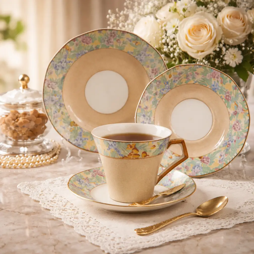 Trio da tè in ceramica smaltata – Inghilterra, fine Ottocento Elegante trio da tè composto da tazza, piattino e piatto da dessert, realizzato in terraglia fine smaltata dalla manifattura Barker Bros Ltd, come attestato dal marchio verde sotto smalto con dicitura “Barker Bros Ltd – Studley – Longton – Staffs – England”. La decorazione, di gusto floreale policromo, si sviluppa lungo le tese con motivi naturalistici stilizzati nei toni del rosa, azzurro, giallo e verde, su fondo avorio puntinato. Il cavetto centrale è lasciato libero, con delicata velatura beige che conferisce armonia cromatica all’insieme. I profili sono rifiniti con sottile filetto color rame/marrone, caratteristico della produzione inglese tra gli anni Venti e Trenta del Novecento. La tazza, dalla forma leggermente svasata, presenta manico sagomato con finitura cromatica coordinata. Il piattino e il piatto da dessert mantengono proporzioni eleganti e buona simmetria, con smalto lucido ben conservato. Stato di conservazione: Ottimo, con lievi segni del tempo compatibili con l’età. Presente una naturale craquelure da cottura sul retro, tipica delle ceramiche inglesi d’epoca. Nessuna rottura. Manifattura: Barker Bros Ltd, Longton (Staffordshire, Inghilterra) Tecnica: terraglia smaltata decorata a stampa policroma Stile: floreale decorativo, Art Déco Il trio è in perfette condizioni senza alcun difetto o usura. La Barker Bros fu fondata nel 1876 e questo trio rientra tra le loro prime produzioni. I servizi Barker Bros sono apprezzati per la qualità esecutiva e per le decorazioni vivaci ma raffinate, tipiche della produzione dello Staffordshire. Questo trio è ideale sia per collezione sia come elemento decorativo in contesti classici o shabby chic. Elegante e raro trio da tè Art Déco in porcellana fine, prodotto da Barker Bros. Ltd – Suderland (Londra), Inghilterra, primi decenni del XX secolo. Il servizio presenta fondo beige puntinato con ampia fascia policroma floreale in tonalità pastello e profilature dorate. Le tazze, dalla forma leggermente svasata, sono dotate di manico geometrico squadrato, tipico gusto déco. Marchio verde sotto smalto. Stato di conservazione: molto buono. Epoca: ca. anni 1920-1930. Provenienza: manifattura inglese. Oggetto raffinato, ideale per collezionisti di porcellane artistiche inglesi o per arredamento d’interni d’epoca.