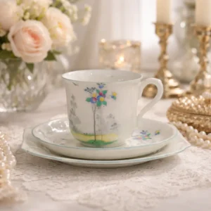 Delizioso trio da tè in fine porcellana inglese prodotto da Shelley, composto da tazza, piattino e piatto dessert coordinato. La decorazione, delicata e poetica, raffigura un elegante alberello fiorito dai toni policromi su paesaggio stilizzato, impreziosito da sottili profili verde-acqua. Realizzato intorno agli anni ’30, questo servizio esprime tutta la raffinatezza della produzione Shelley: porcellana leggera, forme armoniose e gusto Art Déco discreto ed elegante. Marchio originale presente al verso con numerazione di modello. In ottime condizioni conservative, è un pezzo ideale sia per collezionisti di porcellane inglesi sia per una tavola romantica e ricercata.