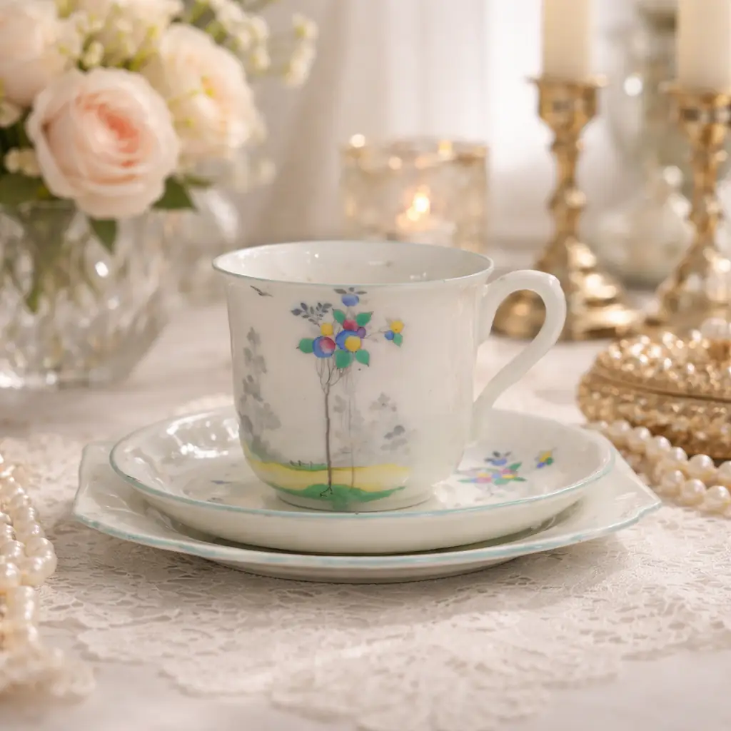 Delizioso trio da tè in fine porcellana inglese prodotto da Shelley, composto da tazza, piattino e piatto dessert coordinato. La decorazione, delicata e poetica, raffigura un elegante alberello fiorito dai toni policromi su paesaggio stilizzato, impreziosito da sottili profili verde-acqua. Realizzato intorno agli anni ’30, questo servizio esprime tutta la raffinatezza della produzione Shelley: porcellana leggera, forme armoniose e gusto Art Déco discreto ed elegante. Marchio originale presente al verso con numerazione di modello. In ottime condizioni conservative, è un pezzo ideale sia per collezionisti di porcellane inglesi sia per una tavola romantica e ricercata.