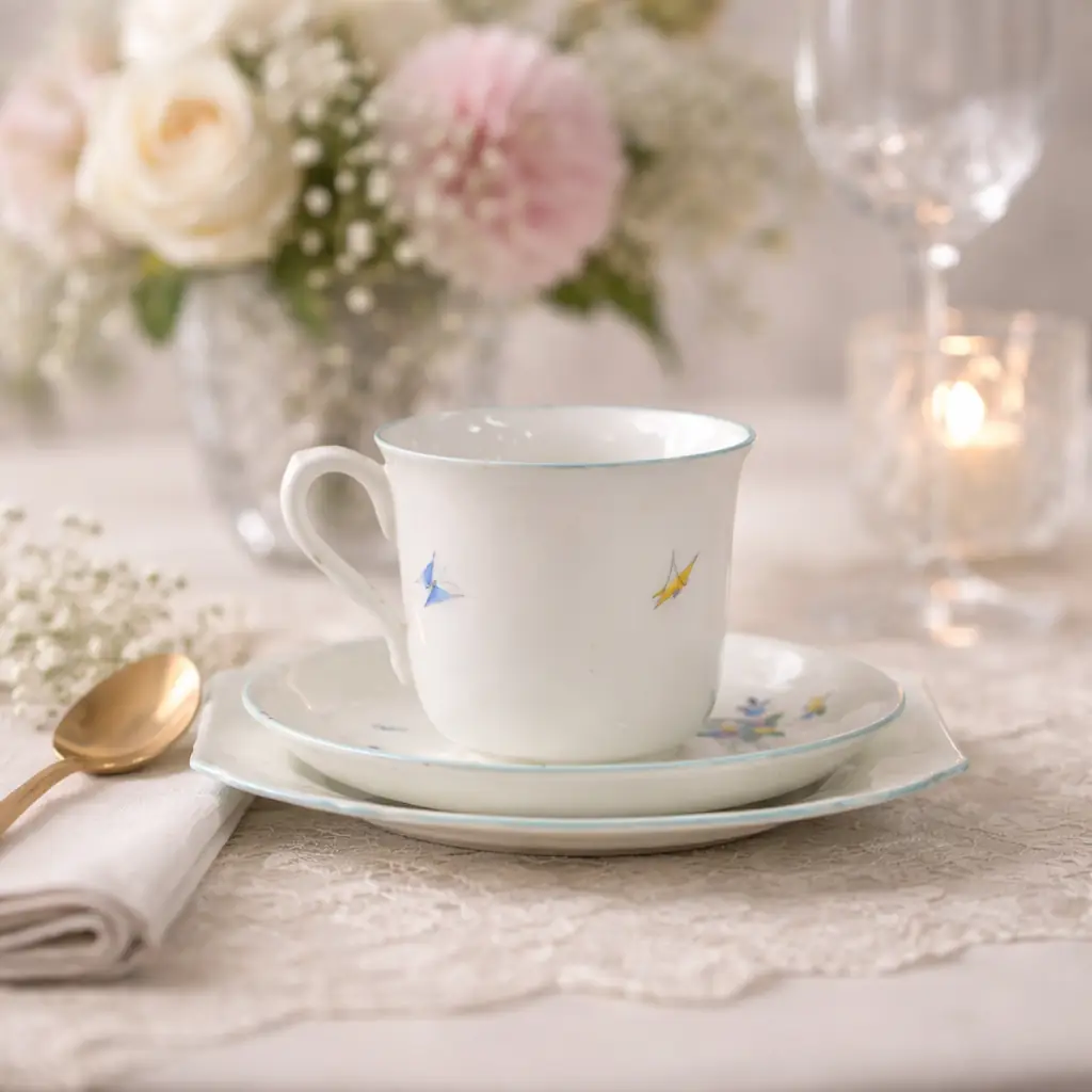 Delizioso trio da tè in fine porcellana inglese prodotto da Shelley, composto da tazza, piattino e piatto dessert coordinato. La decorazione, delicata e poetica, raffigura un elegante alberello fiorito dai toni policromi su paesaggio stilizzato, impreziosito da sottili profili verde-acqua. Realizzato intorno agli anni ’30, questo servizio esprime tutta la raffinatezza della produzione Shelley: porcellana leggera, forme armoniose e gusto Art Déco discreto ed elegante. Marchio originale presente al verso con numerazione di modello. In ottime condizioni conservative, è un pezzo ideale sia per collezionisti di porcellane inglesi sia per una tavola romantica e ricercata.