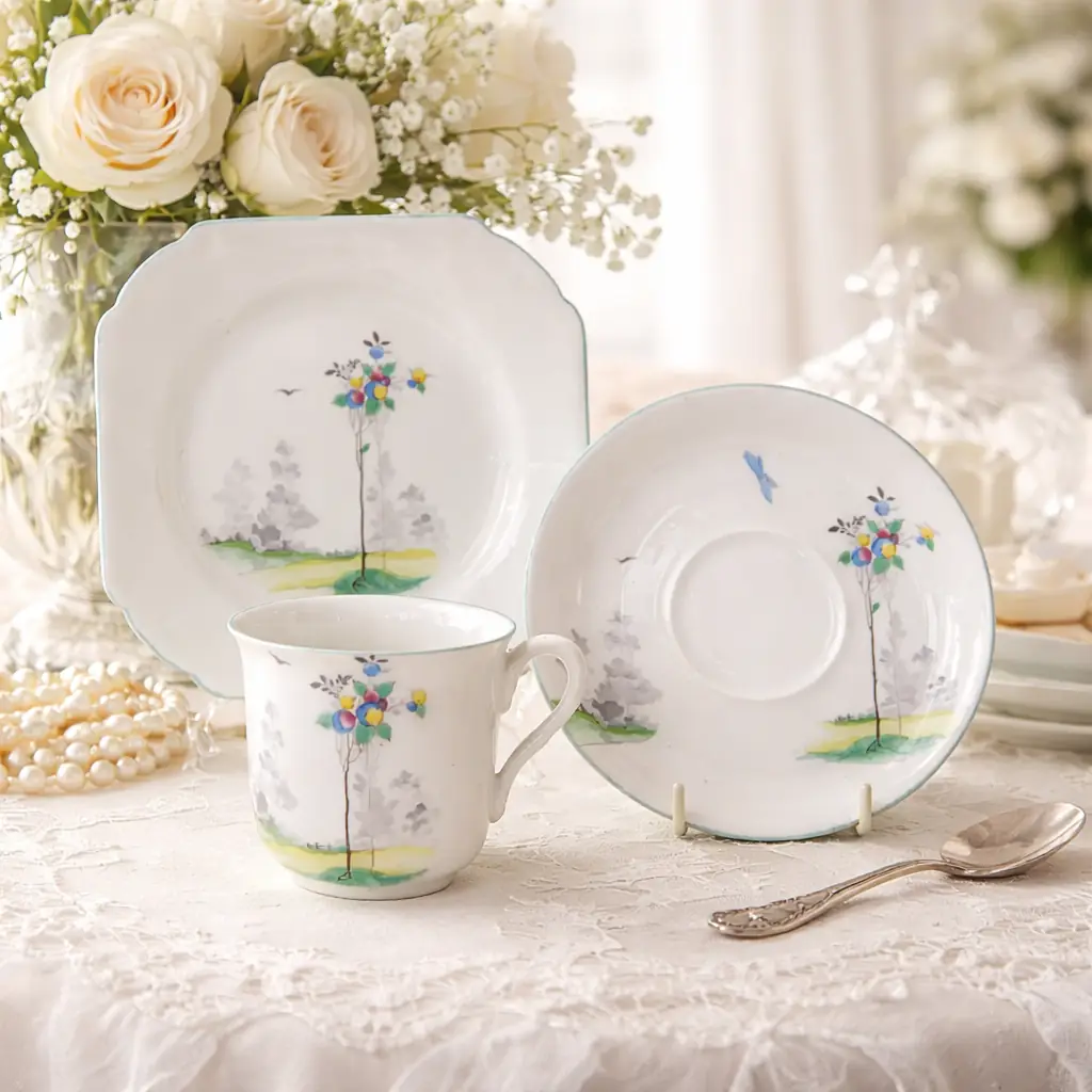 Delizioso trio da tè in fine porcellana inglese prodotto da Shelley, composto da tazza, piattino e piatto dessert coordinato. La decorazione, delicata e poetica, raffigura un elegante alberello fiorito dai toni policromi su paesaggio stilizzato, impreziosito da sottili profili verde-acqua. Realizzato intorno agli anni ’30, questo servizio esprime tutta la raffinatezza della produzione Shelley: porcellana leggera, forme armoniose e gusto Art Déco discreto ed elegante. Marchio originale presente al verso con numerazione di modello. In ottime condizioni conservative, è un pezzo ideale sia per collezionisti di porcellane inglesi sia per una tavola romantica e ricercata.