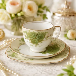Trio da tè in porcellana inglese Art Déco, manifattura Adderley, composto da tazza, piattino e piatto da dessert. Elegante fondo avorio con ricca decorazione floreale stilizzata in verde smeraldo impreziosita da dettagli e profilature in oro lungo i bordi e sulle anse. Forme mosse e armoniose, tipiche del gusto decorativo degli anni Venti-Trenta, con buona qualità di smaltatura e doratura. Produzione inglese della prima metà del XX secolo. In ottimo stato di conservazione.