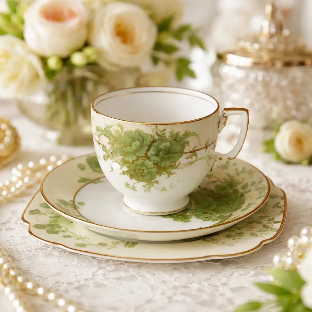 Trio da tè in porcellana inglese Art Déco, manifattura Adderley, composto da tazza, piattino e piatto da dessert. Elegante fondo avorio con ricca decorazione floreale stilizzata in verde smeraldo impreziosita da dettagli e profilature in oro lungo i bordi e sulle anse. Forme mosse e armoniose, tipiche del gusto decorativo degli anni Venti-Trenta, con buona qualità di smaltatura e doratura. Produzione inglese della prima metà del XX secolo. In ottimo stato di conservazione.