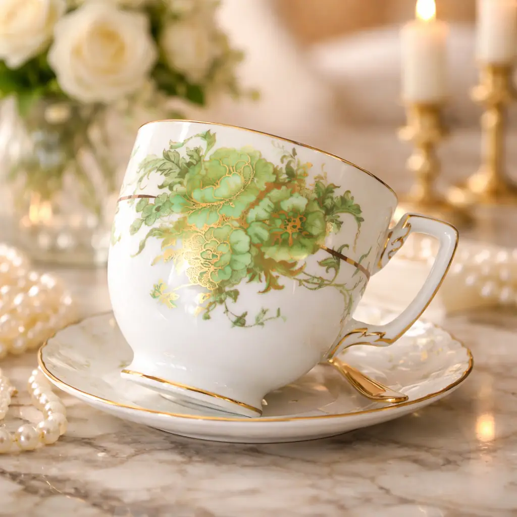 Trio da tè in porcellana inglese Art Déco, manifattura Adderley, composto da tazza, piattino e piatto da dessert. Elegante fondo avorio con ricca decorazione floreale stilizzata in verde smeraldo impreziosita da dettagli e profilature in oro lungo i bordi e sulle anse. Forme mosse e armoniose, tipiche del gusto decorativo degli anni Venti-Trenta, con buona qualità di smaltatura e doratura. Produzione inglese della prima metà del XX secolo. In ottimo stato di conservazione.