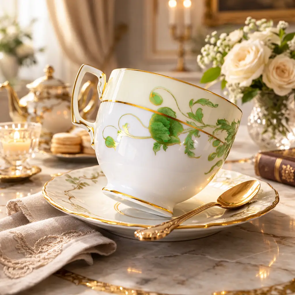 Trio da tè in porcellana inglese Art Déco, manifattura Adderley, composto da tazza, piattino e piatto da dessert. Elegante fondo avorio con ricca decorazione floreale stilizzata in verde smeraldo impreziosita da dettagli e profilature in oro lungo i bordi e sulle anse. Forme mosse e armoniose, tipiche del gusto decorativo degli anni Venti-Trenta, con buona qualità di smaltatura e doratura. Produzione inglese della prima metà del XX secolo. In ottimo stato di conservazione.