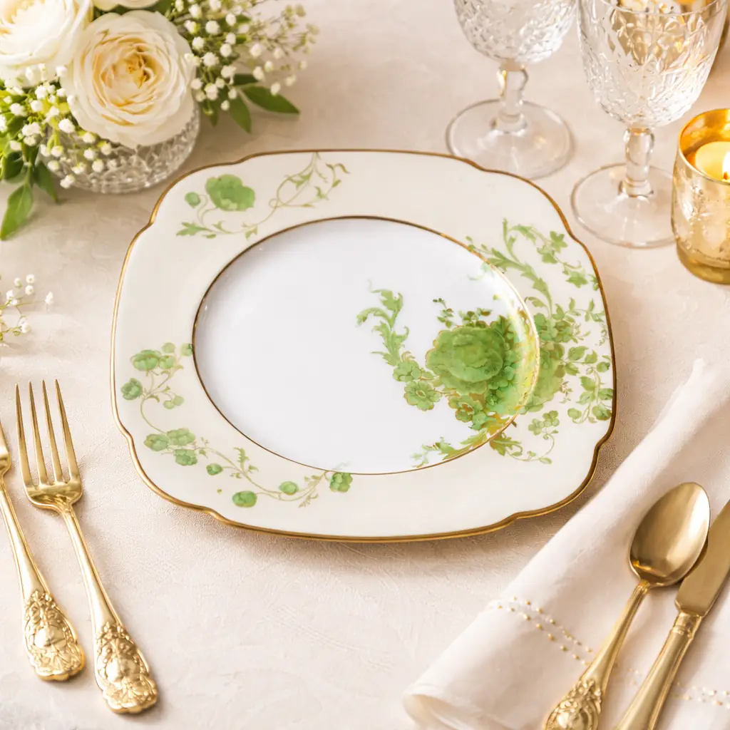 Trio da tè in porcellana inglese Art Déco, manifattura Adderley, composto da tazza, piattino e piatto da dessert. Elegante fondo avorio con ricca decorazione floreale stilizzata in verde smeraldo impreziosita da dettagli e profilature in oro lungo i bordi e sulle anse. Forme mosse e armoniose, tipiche del gusto decorativo degli anni Venti-Trenta, con buona qualità di smaltatura e doratura. Produzione inglese della prima metà del XX secolo. In ottimo stato di conservazione.