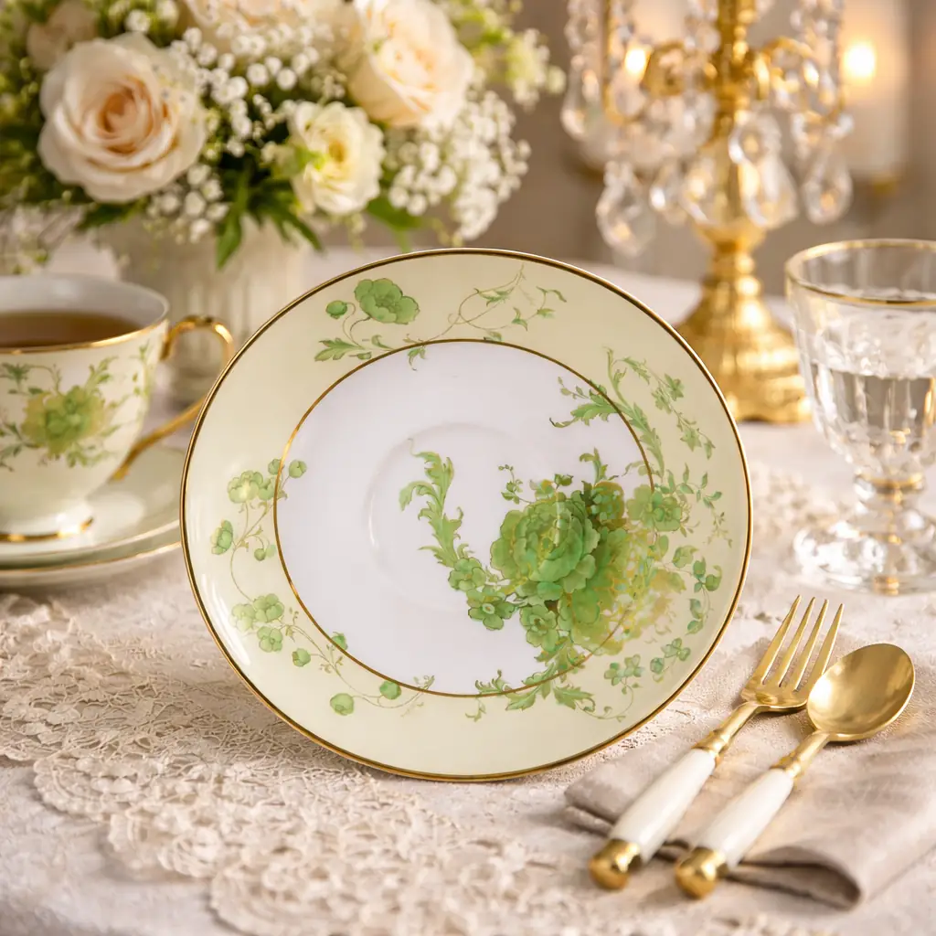 Trio da tè in porcellana inglese Art Déco, manifattura Adderley, composto da tazza, piattino e piatto da dessert. Elegante fondo avorio con ricca decorazione floreale stilizzata in verde smeraldo impreziosita da dettagli e profilature in oro lungo i bordi e sulle anse. Forme mosse e armoniose, tipiche del gusto decorativo degli anni Venti-Trenta, con buona qualità di smaltatura e doratura. Produzione inglese della prima metà del XX secolo. In ottimo stato di conservazione.