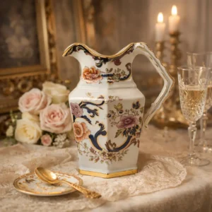 Brocca in porcellana Mason’s – Decoro “Mandalay” Raffinata brocca in porcellana inglese firmata Mason’s (est. 1796), decorata nel celebre motivo “Mandalay”, di ispirazione orientale. Il fondo avorio è impreziosito da un ricco apparato floreale policromo con peonie e racemi stilizzati, intrecciati a volute in blu cobalto intenso, finemente profilate in oro. La forma slanciata, con corpo sfaccettato e manico sagomato rifinito in oro, conferisce eleganza e presenza scenica all’oggetto, rendendolo ideale sia come elemento decorativo sia per arricchire una collezione di porcellane inglesi. Al verso reca il marchio “MASON’S – EST. 1796 – Mandalay”. Ottimo stato di conservazione, con smalti brillanti e dorature ben preservate.