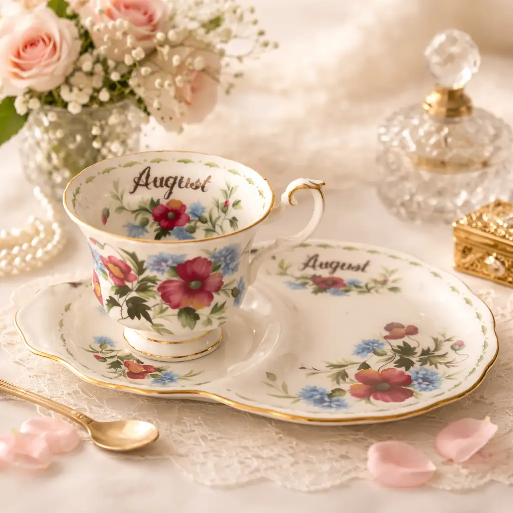 Set da tè Royal Albert – Flower of the Month “August (Poppy)”, Inghilterra, 1970. Set composto da tazza, piattino e vassoio asimmetrico in fine Bone China inglese. Decorazione floreale policroma con bordi in oro e scritta dorata “August”. Marchio al verso originale Royal Albert. Condizioni: eccellenti condizioni vintage. Ideale per collezionisti e amanti delle porcellane inglesi di pregio.