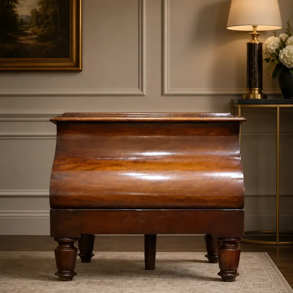 Inginocchiatoio vittoriano inglese della seconda metà dell’Ottocento, realizzato in mogano massello con elegante patina calda e finitura lucidata. Caratterizzato dal raffinato fronte sagomato curvilineo e da piedi torniti, presenta piano superiore apribile con vano contenitore interno e pedana estraibile inferiore per l’inginocchiatoio. Mobile di piacevole proporzione e solida manifattura artigianale, conserva il fascino autentico dell’epoca con lievi segni del tempo coerenti con l’età. Ideale come complemento d’arredo classico o pezzo decorativo di gusto inglese ottocentesco.