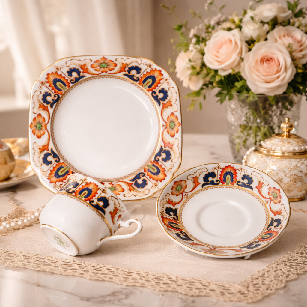 TUSCAN CHINA – Longton, Staffordshire Trio da tè in porcellana fine, ca. 1930–1950 Raffinato trio da tè composto da tazza, piattino e piatto dessert coordinato, in porcellana inglese di produzione Tuscan China, con marchio al verso in verde “Tuscan China – Made in England”. La decorazione, di gusto Imari reinterpretato, presenta motivi floreali e volute stilizzate in rosso ferro e blu cobalto, impreziosite da tocchi in verde e ricche profilature in oro zecchino. Il piatto è elegantemente sagomato con angoli arrotondati e bordo dorato; la tazza, leggermente svasata, è dotata di ansa sagomata con filettatura in oro. Esemplare di grande impatto cromatico e qualità esecutiva, in ottimo stato di conservazione con minimi e fisiologici segni del tempo. Ideale per collezionisti di porcellane inglesi del Novecento o per una mise en place di gusto classico ed elegante.