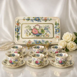Servizio da tè inglese Mason’s “Strathmore” in Ironstone – Inghilterra, prima metà XX secolo Elegante servizio da tè in Ironstone China decorato con ricco motivo floreale policromo su fondo avorio. Produzione Mason’s, modello Strathmore, contraddistinto da colori brillanti e raffinata composizione ornamentale. Il marchio al verso garantisce resistenza dei colori e alta qualità manifatturiera. Composto da sei tazze con piattini e vassoio rettangolare coordinato. In ottimo stato di conservazione, con minimi segni del tempo coerenti con l’età.