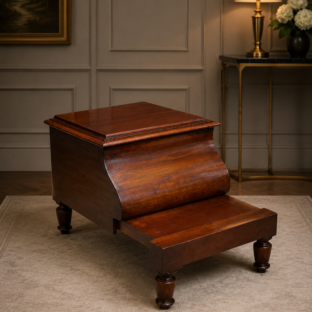 Inginocchiatoio vittoriano inglese della seconda metà dell’Ottocento, realizzato in mogano massello con elegante patina calda e finitura lucidata. Caratterizzato dal raffinato fronte sagomato curvilineo e da piedi torniti, presenta piano superiore apribile con vano contenitore interno e pedana estraibile inferiore per l’inginocchiatoio. Mobile di piacevole proporzione e solida manifattura artigianale, conserva il fascino autentico dell’epoca con lievi segni del tempo coerenti con l’età. Ideale come complemento d’arredo classico o pezzo decorativo di gusto inglese ottocentesco.