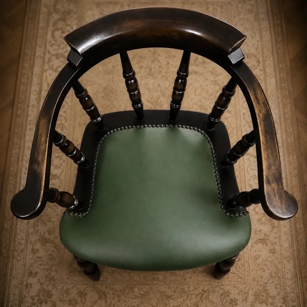 Elegante poltroncina inglese di gusto vittoriano, appartenente alla tipologia Captain Chair, realizzata in legno massello con raffinata struttura a colonnine tornite e schienale avvolgente con braccioli integrati. La seduta imbottita è rivestita in pelle verde con bordura decorativa a borchie, dettaglio tipico dell’arredo britannico da studio e biblioteca. Le gambe tornite unite da traverse sagomate conferiscono solidità e armonia alla struttura, mentre la calda patina del legno ne esalta il fascino autentico. In buono stato conservativo generale, è ideale come sedia da scrittoio, poltroncina da lettura o complemento d’arredo per ambienti classici ed eleganti. Elegante poltroncina inglese di gusto vittoriano, appartenente alla tipologia Captain Chair, realizzata in legno massello con raffinata struttura a colonnine tornite e schienale avvolgente con braccioli integrati. La seduta imbottita è rivestita in pelle verde con bordura decorativa a borchie, dettaglio tipico dell’arredo britannico da studio e biblioteca. Le gambe tornite unite da traverse sagomate conferiscono solidità e armonia alla struttura, mentre la calda patina del legno ne esalta il fascino autentico. In buono stato conservativo generale, è ideale come sedia da scrittoio, poltroncina da lettura o complemento d’arredo per ambienti classici ed eleganti.