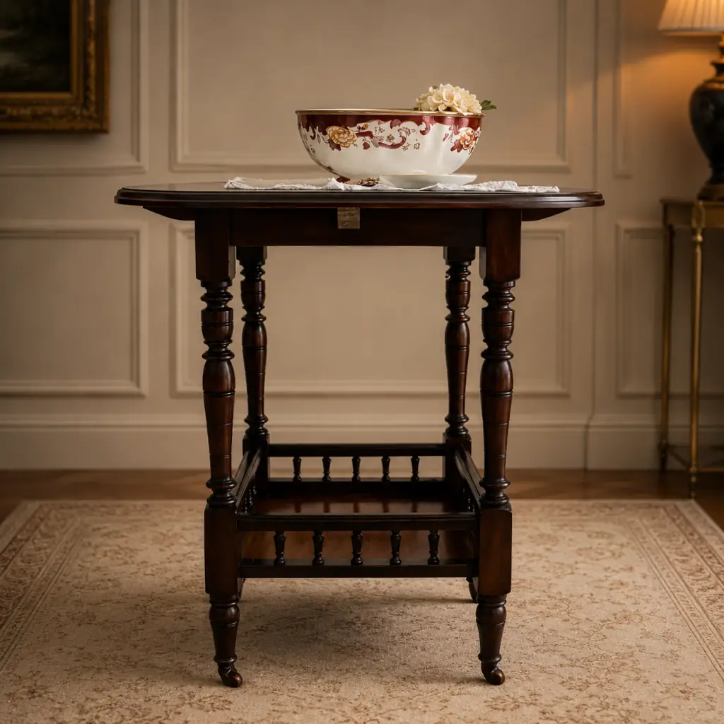 Elegante tavolino rotondo da salotto in stile vittoriano/edoardiano, realizzato in legno massello con bella venatura a vista e finitura calda. Il piano circolare presenta bordo sagomato, mentre la struttura è sostenuta da quattro gambe tornite affusolate, collegate inferiormente da una traversa con colonnine che ne aumenta la stabilità e il valore decorativo. Mobile di solida manifattura, databile fine del XIX , in ottimo stato di conservazione. Ideale come tavolino da appoggio o complemento per ambienti classici ed eleganti.