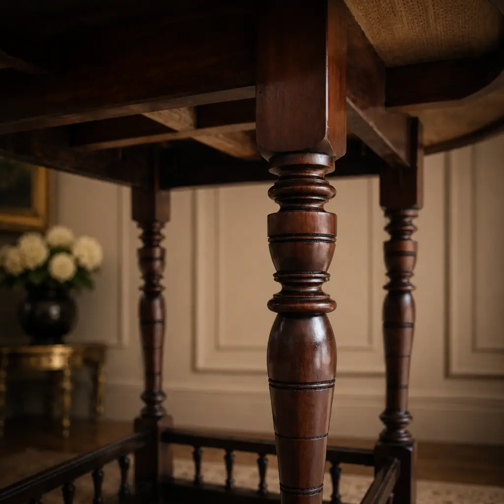 Elegante tavolino rotondo da salotto in stile vittoriano/edoardiano, realizzato in legno massello con bella venatura a vista e finitura calda. Il piano circolare presenta bordo sagomato, mentre la struttura è sostenuta da quattro gambe tornite affusolate, collegate inferiormente da una traversa con colonnine che ne aumenta la stabilità e il valore decorativo. Mobile di solida manifattura, databile fine del XIX , in ottimo stato di conservazione. Ideale come tavolino da appoggio o complemento per ambienti classici ed eleganti.