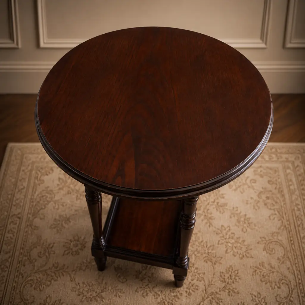 Elegante tavolino rotondo da salotto in stile vittoriano/edoardiano, realizzato in legno massello con bella venatura a vista e finitura calda. Il piano circolare presenta bordo sagomato, mentre la struttura è sostenuta da quattro gambe tornite affusolate, collegate inferiormente da una traversa con colonnine che ne aumenta la stabilità e il valore decorativo. Mobile di solida manifattura, databile fine del XIX , in ottimo stato di conservazione. Ideale come tavolino da appoggio o complemento per ambienti classici ed eleganti.