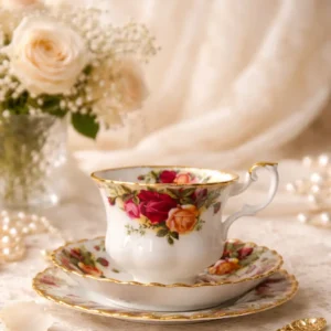 Tazza da tè con piattino “Old Country Roses” – Royal Albert, Inghilterra Elegante tazza da tè con doppio piattino in fine porcellana Bone China, produzione inglese Royal Albert, celebre decoro Old Country Roses. La tazza, dal profilo leggermente svasato con ansa sagomata, poggia su piede ad anello; il piattino presenta bordo mosso con marcata ondulazione e ricca filettatura in oro. La decorazione raffigura mazzetti di rose nei toni del rosso, rosa e giallo con fogliame verde, disposti sul corpo della tazza e lungo la tesa del piattino; interno con fascia dorata al bordo. Ottimo stato di conservazione. Classico esempio della produzione Royal Albert della seconda metà del Novecento, molto apprezzato per la qualità della porcellana e la vivacità del decoro.