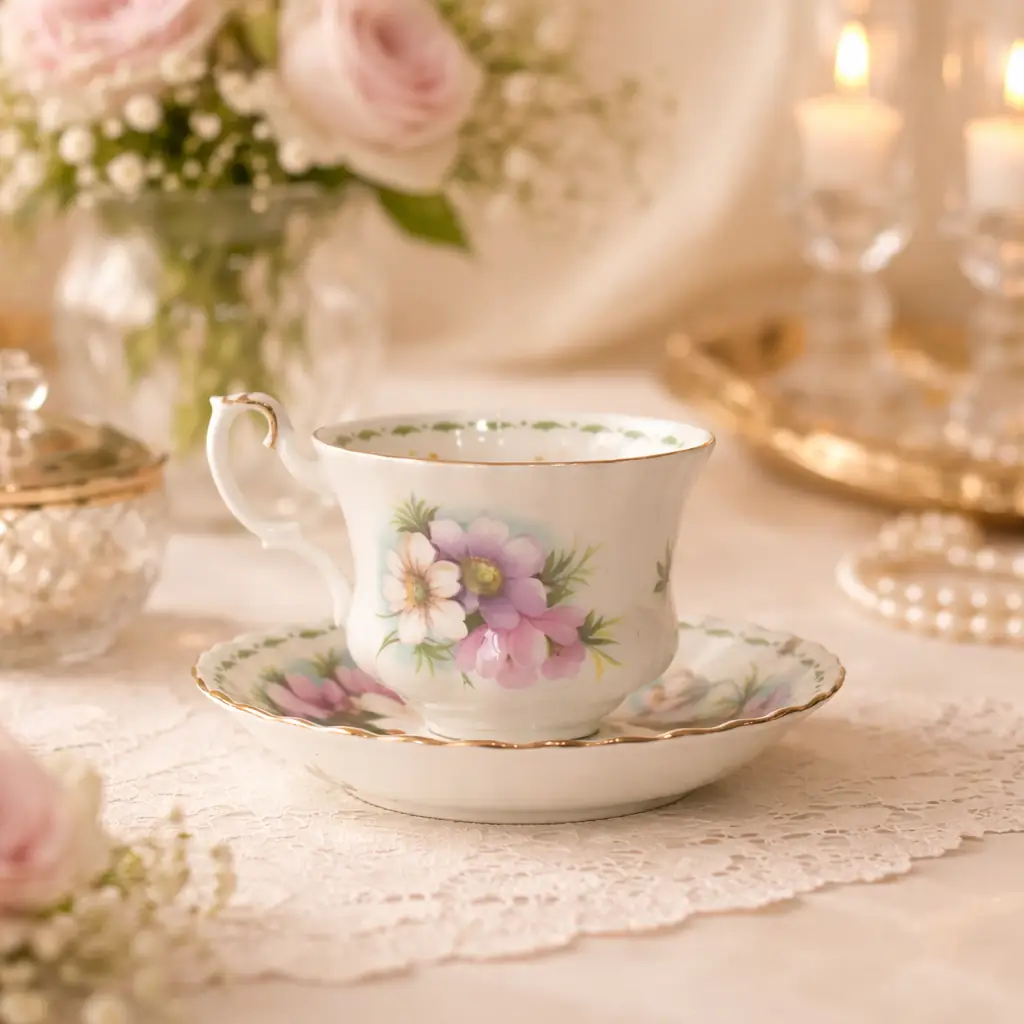 Tazza da tè con piattino Royal Albert – “Flower of the Month: Cosmos (Ottobre)” Elegante tazza da tè con piattino in bone china inglese prodotta da Royal Albert, appartenente alla celebre serie “Flower of the Month” dedicata ai fiori simbolo dei mesi dell’anno. Il modello Cosmos, rappresentativo del mese di ottobre, è decorato con delicati motivi floreali nei toni del rosa, bianco e lilla, arricchiti da finiture in oro lungo bordo, ansa e piede. La tazza presenta forma classica svasata con iscrizione dorata “October” all’interno, mentre il piattino coordinato riprende il medesimo decoro romantico. Marchio originale al verso. Condizioni: molto buone, smalto brillante e dorature ben conservate, senza difetti evidenti. Ideale per: collezione, servizio da tè elegante o oggetto decorativo di gusto inglese.