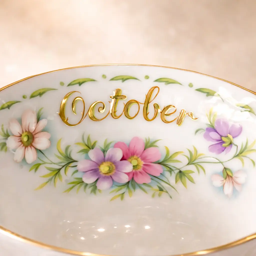Tazza da tè con piattino Royal Albert – “Flower of the Month: Cosmos (Ottobre)” Elegante tazza da tè con piattino in bone china inglese prodotta da Royal Albert, appartenente alla celebre serie “Flower of the Month” dedicata ai fiori simbolo dei mesi dell’anno. Il modello Cosmos, rappresentativo del mese di ottobre, è decorato con delicati motivi floreali nei toni del rosa, bianco e lilla, arricchiti da finiture in oro lungo bordo, ansa e piede. La tazza presenta forma classica svasata con iscrizione dorata “October” all’interno, mentre il piattino coordinato riprende il medesimo decoro romantico. Marchio originale al verso. Condizioni: molto buone, smalto brillante e dorature ben conservate, senza difetti evidenti. Ideale per: collezione, servizio da tè elegante o oggetto decorativo di gusto inglese.