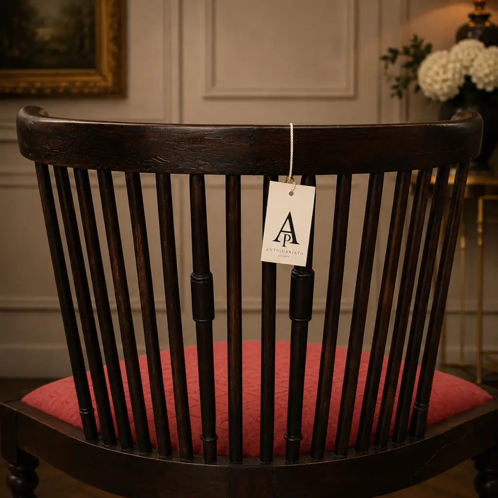 Elegante poltroncina inglese ad angolo di gusto vittoriano, realizzata in legno massello con raffinato schienale curvo a colonnine tornite disposto a ventaglio. La particolare struttura avvolgente richiama i celebri modelli Corner Chair inglesi, apprezzati per comfort ed eleganza negli ambienti signorili tra Otto e Novecento. La seduta imbottita, rivestita in tessuto rosso damascato, crea un piacevole contrasto con la calda tonalità del legno. Le gambe tornite unite da traverse incrociate sagomate conferiscono stabilità e armonia alla struttura.