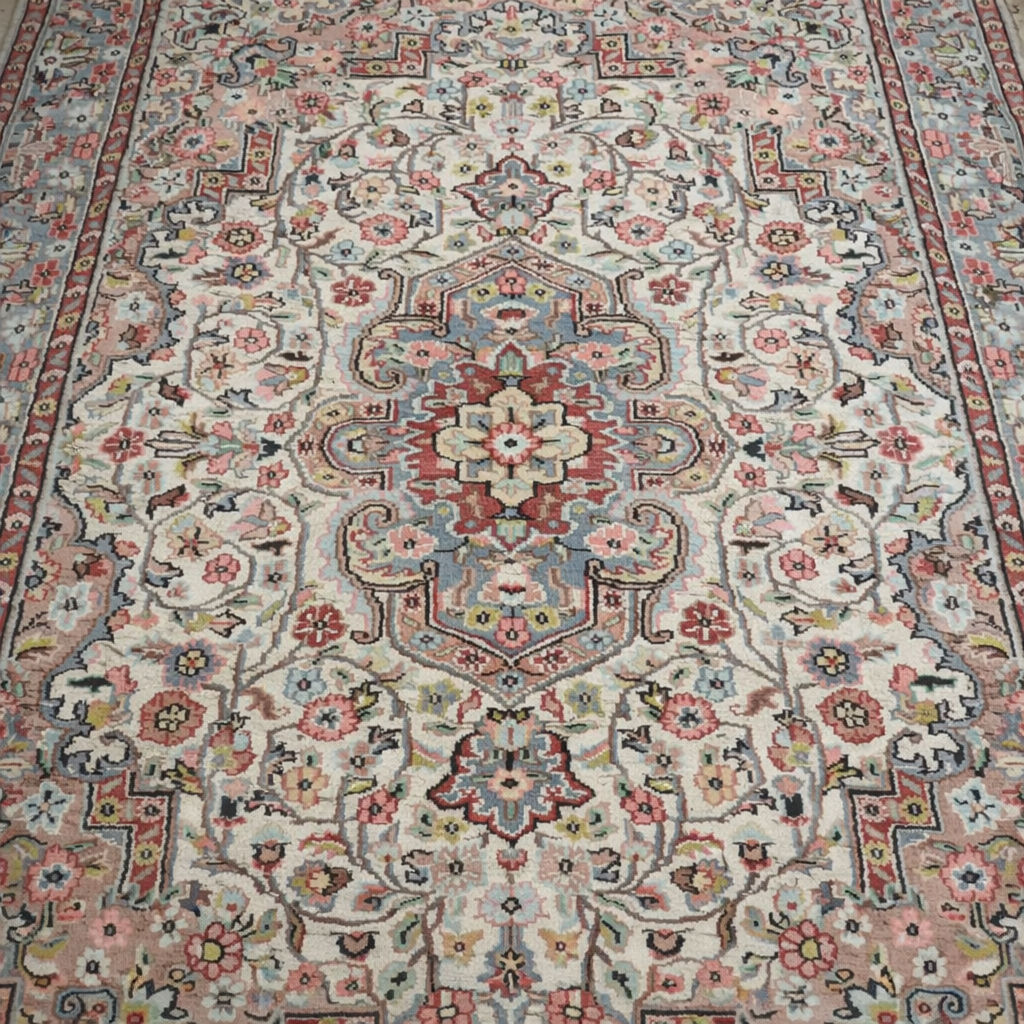 Elegante tappeto orientale di manifattura persiana, annodato a mano in lana su ordito in cotone, caratterizzato da un armonioso medaglione centrale su campo avorio riccamente decorato da motivi floreali e vegetali stilizzati. La composizione è racchiusa da una raffinata bordura a fondo azzurro-grigio con decori policromi coordinati. La palette cromatica, nei toni dell’avorio, rosa, azzurro, celeste e rosso mattone, dona luminosità e delicatezza all’insieme. Il tappeto si presenta in ottimo stato di conservazione, con vello compatto e colori ben conservati. Ideale per valorizzare salotti, studi o ambienti classici. Dimensioni: cm 190 x 130