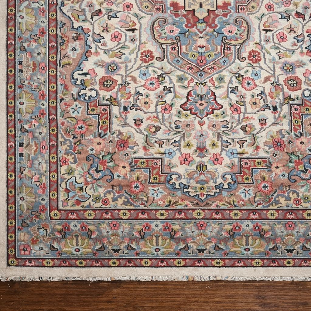 Elegante tappeto orientale di manifattura persiana, annodato a mano in lana su ordito in cotone, caratterizzato da un armonioso medaglione centrale su campo avorio riccamente decorato da motivi floreali e vegetali stilizzati. La composizione è racchiusa da una raffinata bordura a fondo azzurro-grigio con decori policromi coordinati. La palette cromatica, nei toni dell’avorio, rosa, azzurro, celeste e rosso mattone, dona luminosità e delicatezza all’insieme. Il tappeto si presenta in ottimo stato di conservazione, con vello compatto e colori ben conservati. Ideale per valorizzare salotti, studi o ambienti classici. Dimensioni: cm 190 x 130