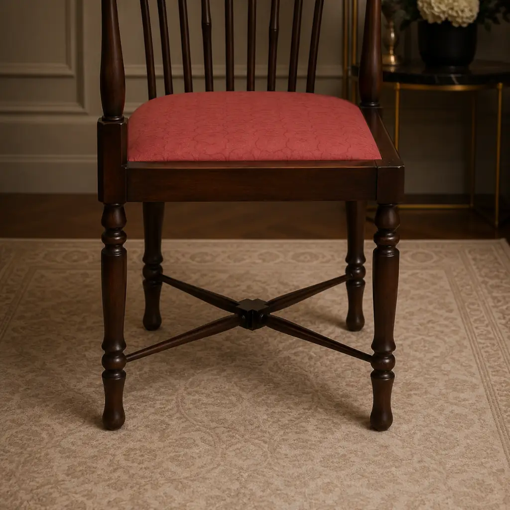 Elegante poltroncina inglese ad angolo di gusto vittoriano, realizzata in legno massello con raffinato schienale curvo a colonnine tornite disposto a ventaglio. La particolare struttura avvolgente richiama i celebri modelli Corner Chair inglesi, apprezzati per comfort ed eleganza negli ambienti signorili tra Otto e Novecento. La seduta imbottita, rivestita in tessuto rosso damascato, crea un piacevole contrasto con la calda tonalità del legno. Le gambe tornite unite da traverse incrociate sagomate conferiscono stabilità e armonia alla struttura.