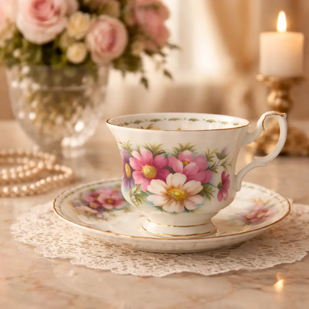 Tazza da tè con piattino Royal Albert – “Flower of the Month: Cosmos (Ottobre)” Elegante tazza da tè con piattino in bone china inglese prodotta da Royal Albert, appartenente alla celebre serie “Flower of the Month” dedicata ai fiori simbolo dei mesi dell’anno. Il modello Cosmos, rappresentativo del mese di ottobre, è decorato con delicati motivi floreali nei toni del rosa, bianco e lilla, arricchiti da finiture in oro lungo bordo, ansa e piede. La tazza presenta forma classica svasata con iscrizione dorata “October” all’interno, mentre il piattino coordinato riprende il medesimo decoro romantico. Marchio originale al verso. Condizioni: molto buone, smalto brillante e dorature ben conservate, senza difetti evidenti. Ideale per: collezione, servizio da tè elegante o oggetto decorativo di gusto inglese.