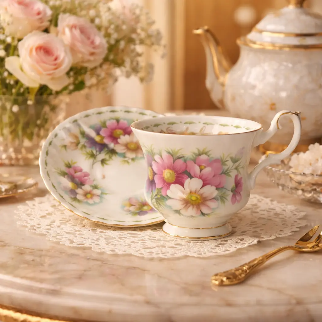 Tazza da tè con piattino Royal Albert – “Flower of the Month: Cosmos (Ottobre)” Elegante tazza da tè con piattino in bone china inglese prodotta da Royal Albert, appartenente alla celebre serie “Flower of the Month” dedicata ai fiori simbolo dei mesi dell’anno. Il modello Cosmos, rappresentativo del mese di ottobre, è decorato con delicati motivi floreali nei toni del rosa, bianco e lilla, arricchiti da finiture in oro lungo bordo, ansa e piede. La tazza presenta forma classica svasata con iscrizione dorata “October” all’interno, mentre il piattino coordinato riprende il medesimo decoro romantico. Marchio originale al verso. Condizioni: molto buone, smalto brillante e dorature ben conservate, senza difetti evidenti. Ideale per: collezione, servizio da tè elegante o oggetto decorativo di gusto inglese.