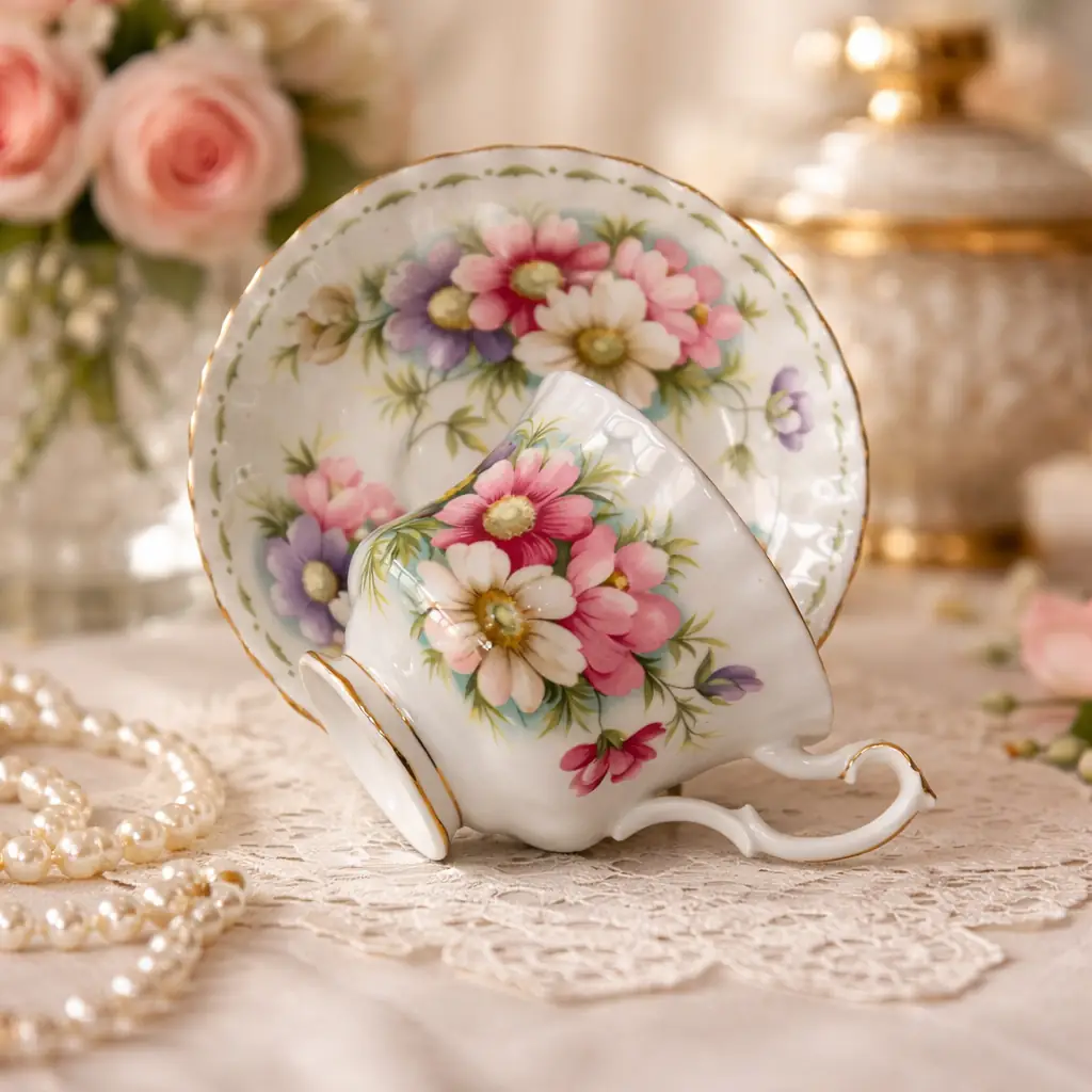 Tazza da tè con piattino Royal Albert – “Flower of the Month: Cosmos (Ottobre)” Elegante tazza da tè con piattino in bone china inglese prodotta da Royal Albert, appartenente alla celebre serie “Flower of the Month” dedicata ai fiori simbolo dei mesi dell’anno. Il modello Cosmos, rappresentativo del mese di ottobre, è decorato con delicati motivi floreali nei toni del rosa, bianco e lilla, arricchiti da finiture in oro lungo bordo, ansa e piede. La tazza presenta forma classica svasata con iscrizione dorata “October” all’interno, mentre il piattino coordinato riprende il medesimo decoro romantico. Marchio originale al verso. Condizioni: molto buone, smalto brillante e dorature ben conservate, senza difetti evidenti. Ideale per: collezione, servizio da tè elegante o oggetto decorativo di gusto inglese.