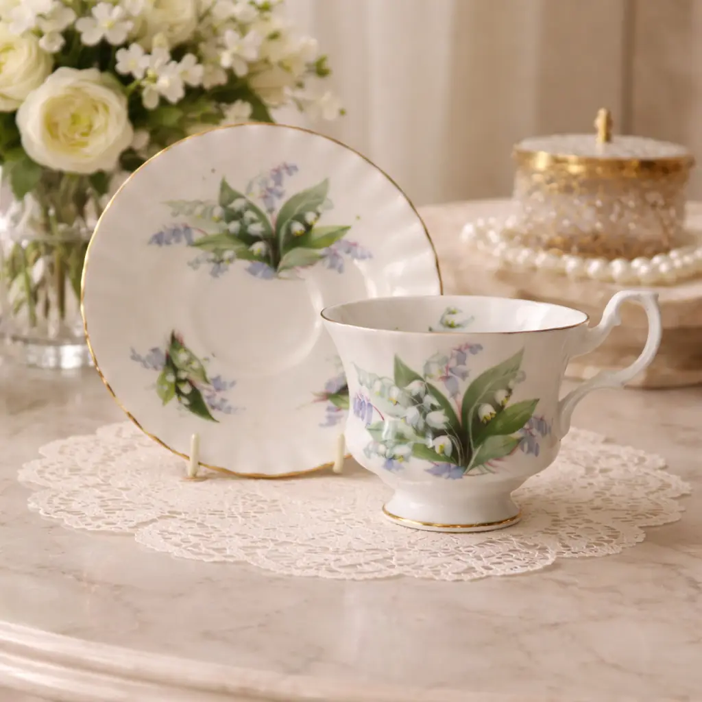 Tazza con piattino in Bone China – Royal Albert “Summertime – Cheverell” Raffinata tazza con piattino in fine Bone China inglese, prodotta dalla rinomata manifattura Royal Albert. Il decoro floreale policromo, appartenente alla serie “Summertime” nel modello “Cheverell”, raffigura un delicato bouquet di mughetti e campanule nei toni del verde, azzurro e lilla, impreziosito da sottili dettagli rosati. La forma elegante, con profilo leggermente mosso, ansa sagomata e bordo rifinito da una sottile filettatura in oro, esprime il tipico gusto romantico e senza tempo della tradizione inglese. In ottime condizioni di conservazione, è un pezzo ideale per collezionisti o per aggiungere un tocco di charme a una tavola o vetrina.