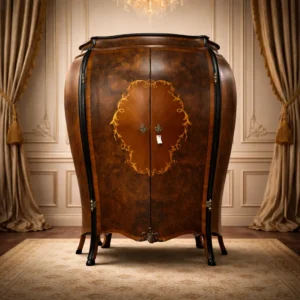 Armadio francese di fine XIX secolo, a due ante bombate, di alta ebanisteria e di gusto Luigi XV. Realizzato in legno massello con pregiate impiallacciature in radica di noce, arricchite da elegante cartiglio centrale in palissandro disposto a raggiera e raffinati intarsi floreali in legni chiari. Linea mossa sul fronte e sui fianchi, montanti e piedi ebanizzati, cimasa inferiore intagliata con motivo rocaille. Ferramenta originale in bronzo dorato finemente cesellato. Mobile integralmente originale, mai restaurato, in condizioni eccezionali di conservazione, con splendida patina d’epoca. Pezzo di grande eleganza e presenza scenica, ideale per ambienti classici e collezioni di alto livello.